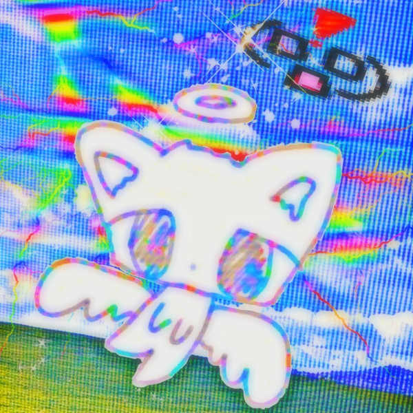 A white angel cat with a halo and wings floating through a distorted electric blue rainbow dreamscape